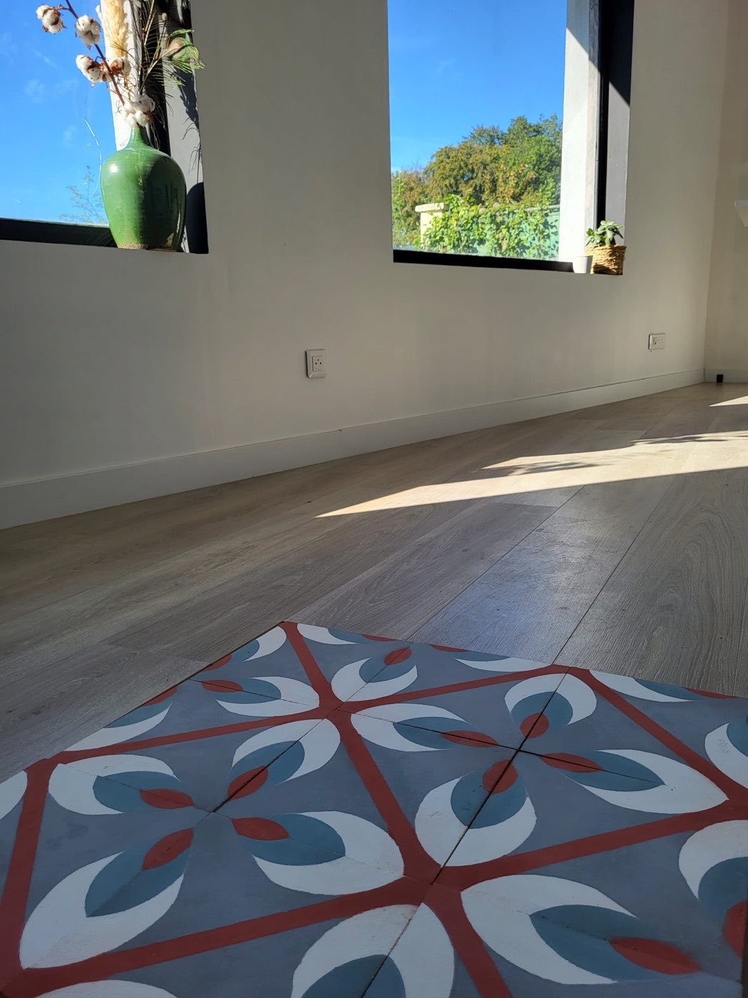 Carreaux de ciment bleus et rouges posés en bordure d'un parquet, dans une pièce claire